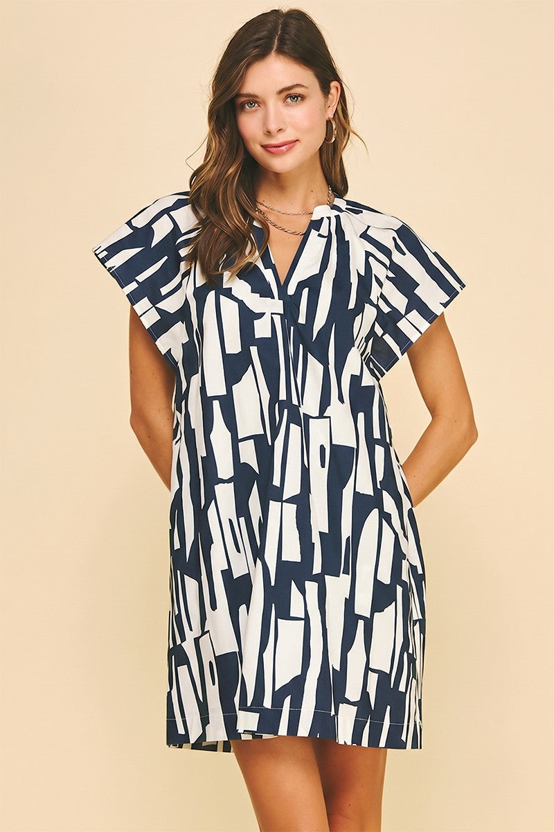 Printed Mini Tunic Dress In Navy