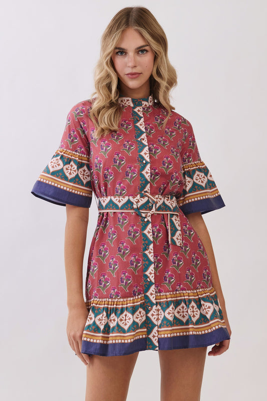 Printed Belted Mini Dress With Contrast Border In Rust