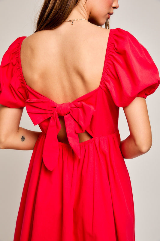 Puff Sleeve Tie Back Dress in Red