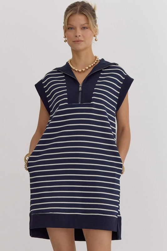 Quarter Zip Stripe Dress in Navy/Cream