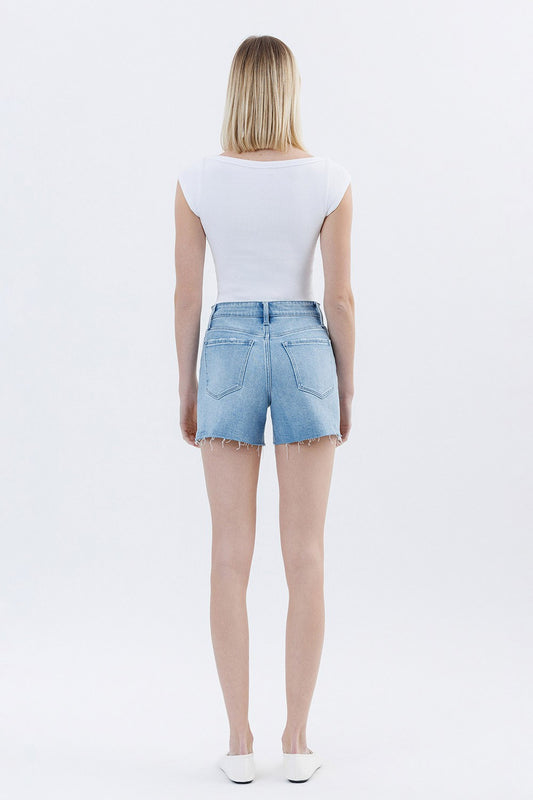 Rebecca High Rise Raw Hem Denim Shorts In Uptown Funk