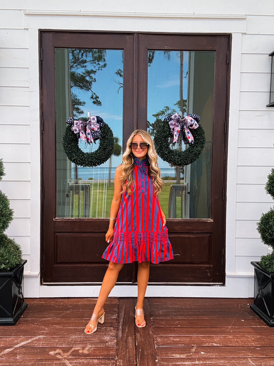 Red And Navy Stripe Ruffle Trim Dress