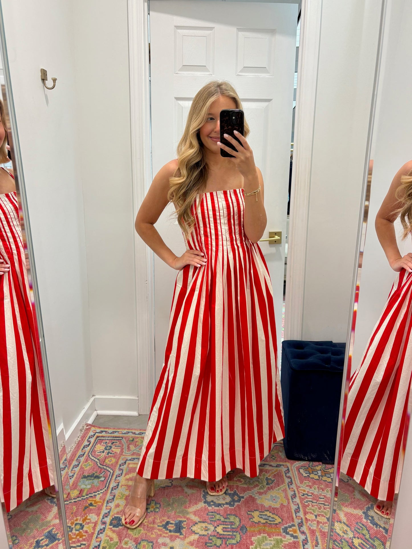 Red And White Pleated Midi Dress