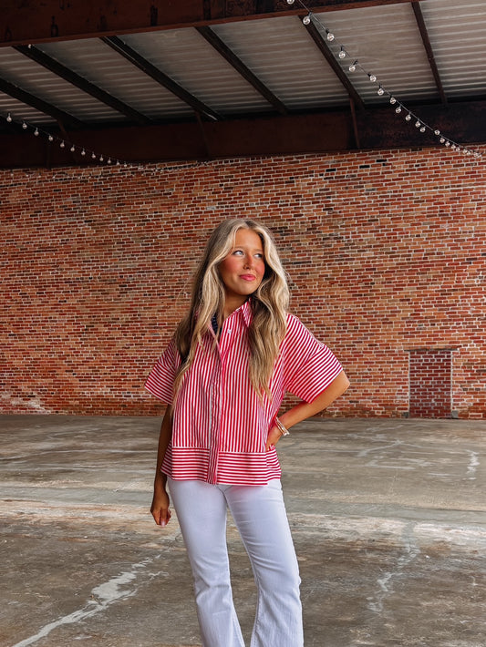 Red And White Stripe Short Sleeve Button Down Top