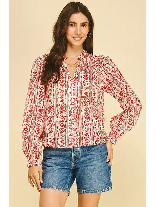 Red Botanical Button Down Blouse