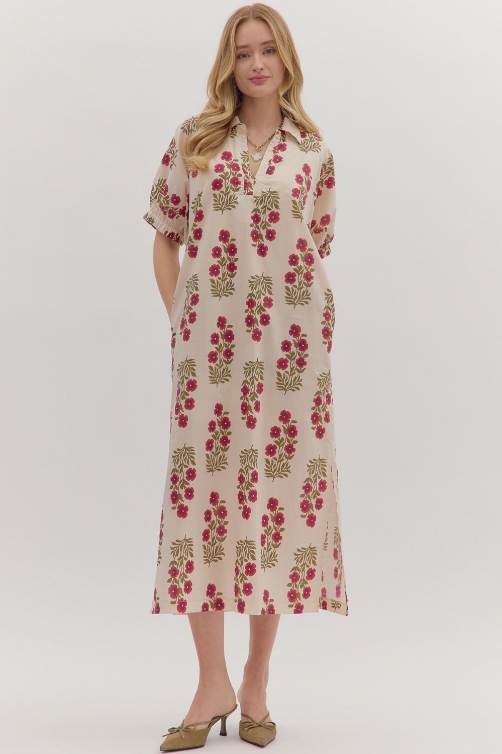 Red Florals Puff Sleeve Maxi In Ecru