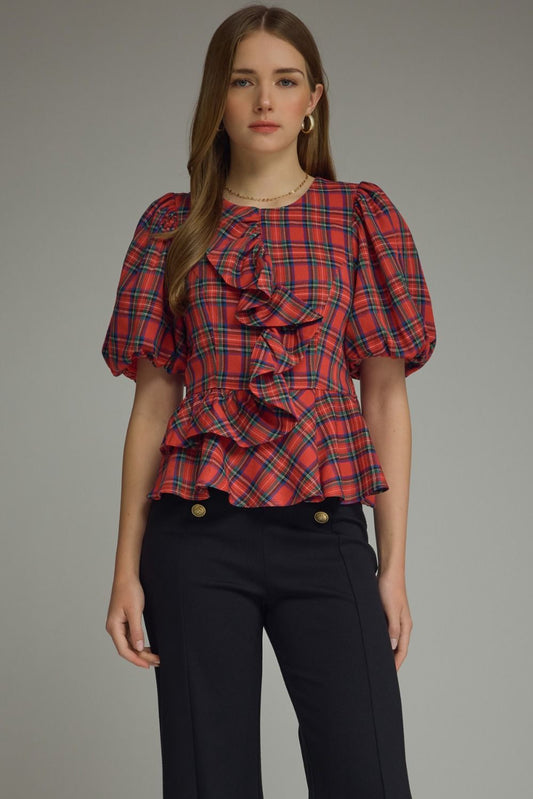 Red Plaid Puff Sleeve Ruffle Top