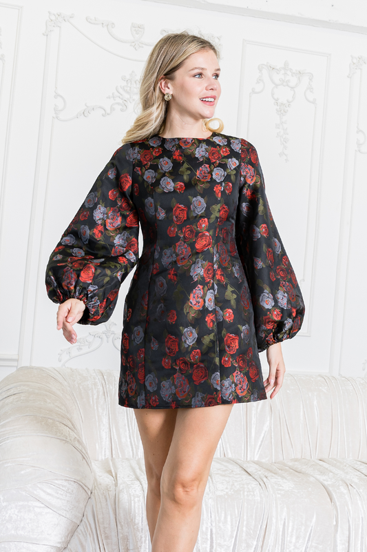 Red Rose Garden Long Sleeve Mini Dress
