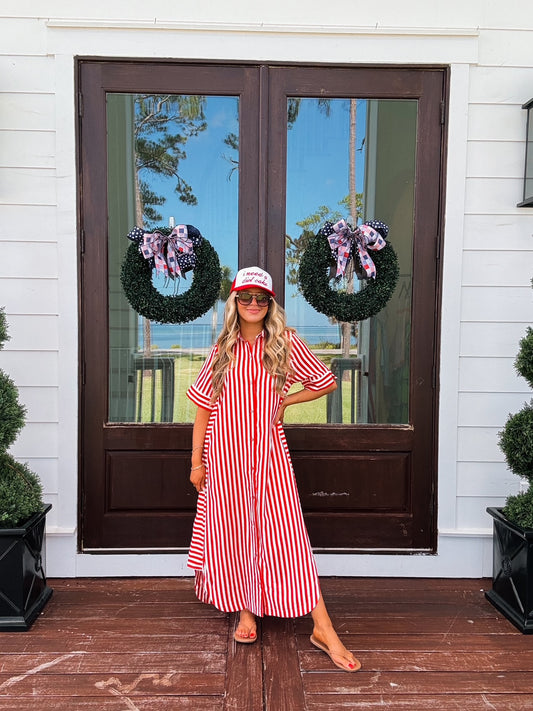 Red Stripe Short Sleeve Button Down Dress