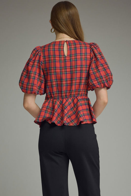 Red Plaid Puff Sleeve Ruffle Top