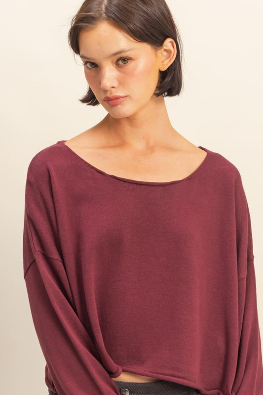Relaxed Fit Swoop Neck Sweater In Dark Cherry