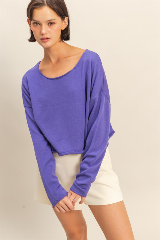 Relaxed Fit Swoop Neck Sweater In Iris Purple