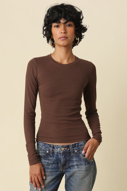 Rimi Slim Fit Crew Neck Long Sleeve Top In Brown