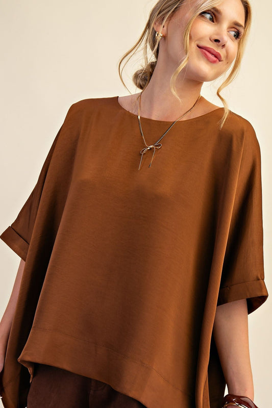 Round Neck Oversized Satin Top In Brown