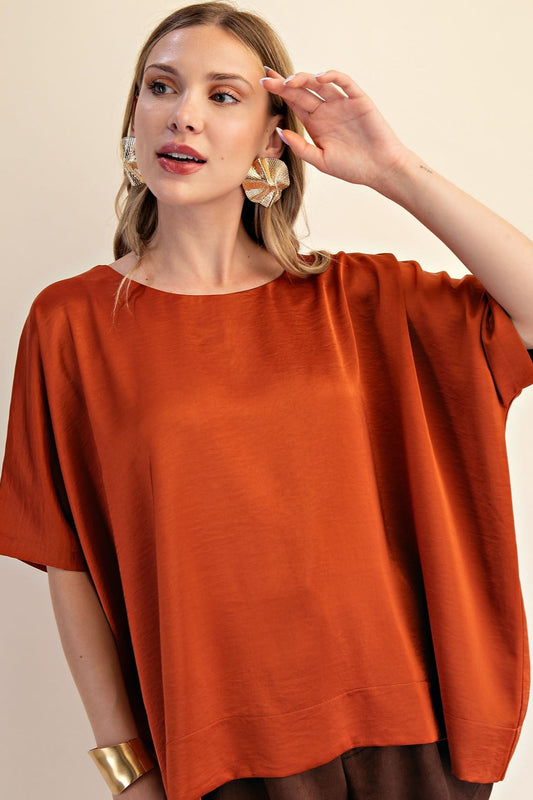 Round Neck Oversized Satin Top In Rust