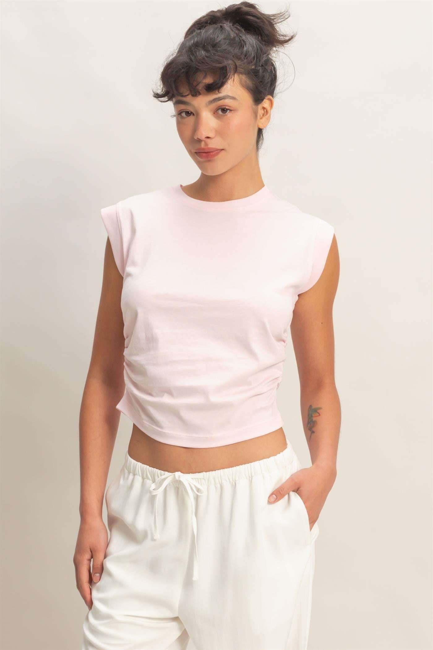 Ruched Waist Sleeveless Top In Soft Pink
