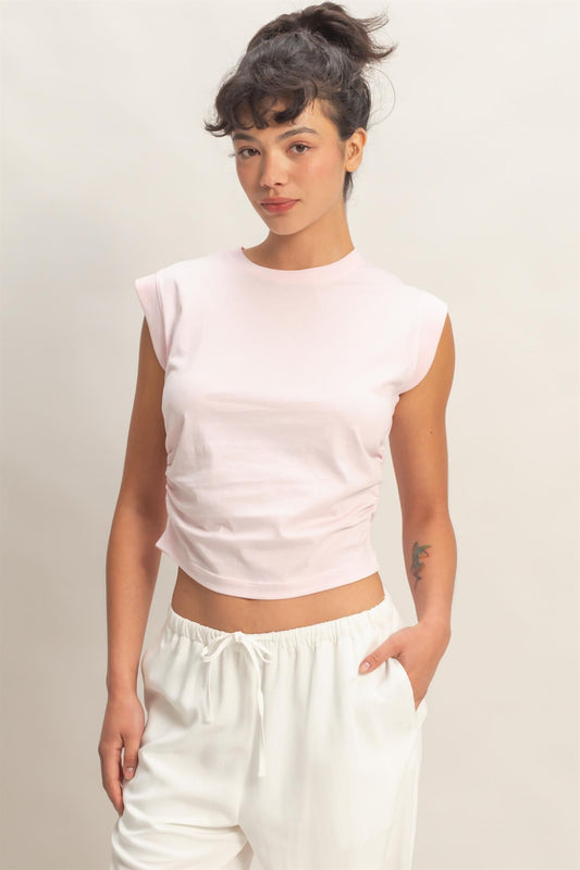 Ruched Waist Sleeveless Top In Soft Pink