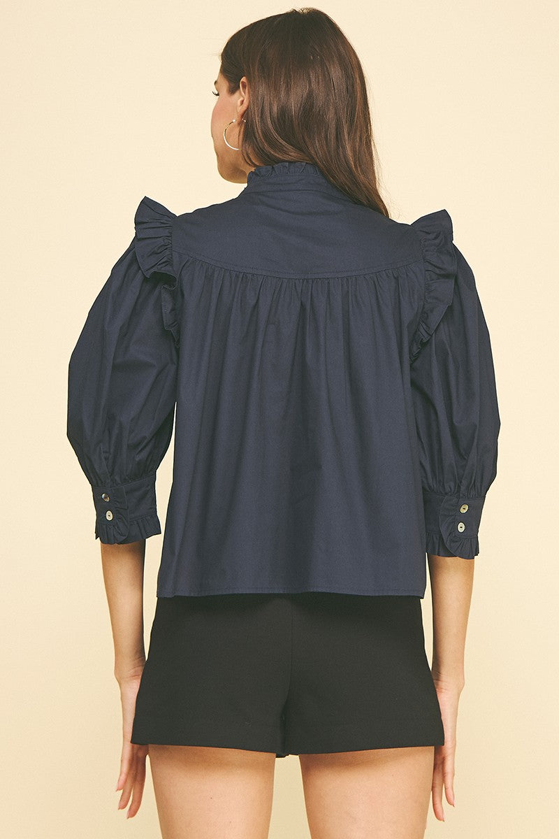 Ruffle Button Down Top In Deep Navy