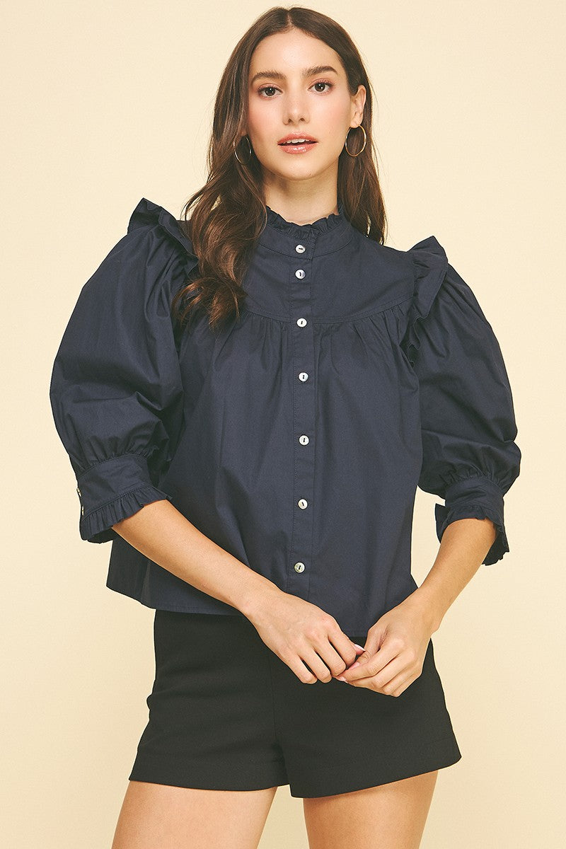 Ruffle Button Down Top In Deep Navy