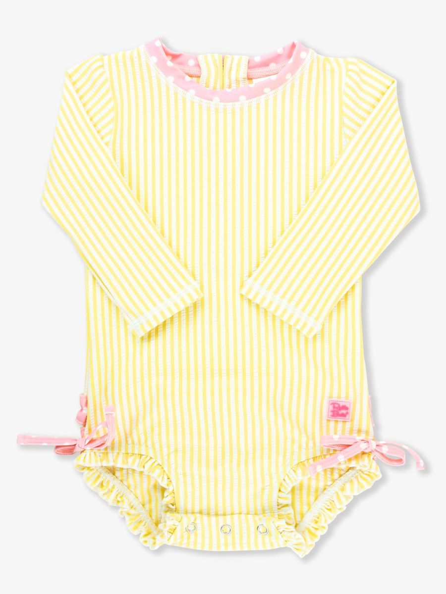 RuffleButts Banana Seersucker One Piece Rash Guard