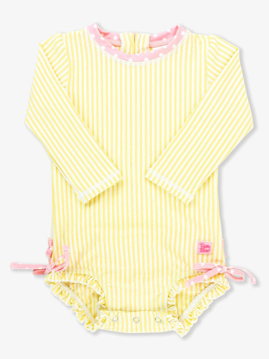 RuffleButts Banana Seersucker One Piece Rash Guard