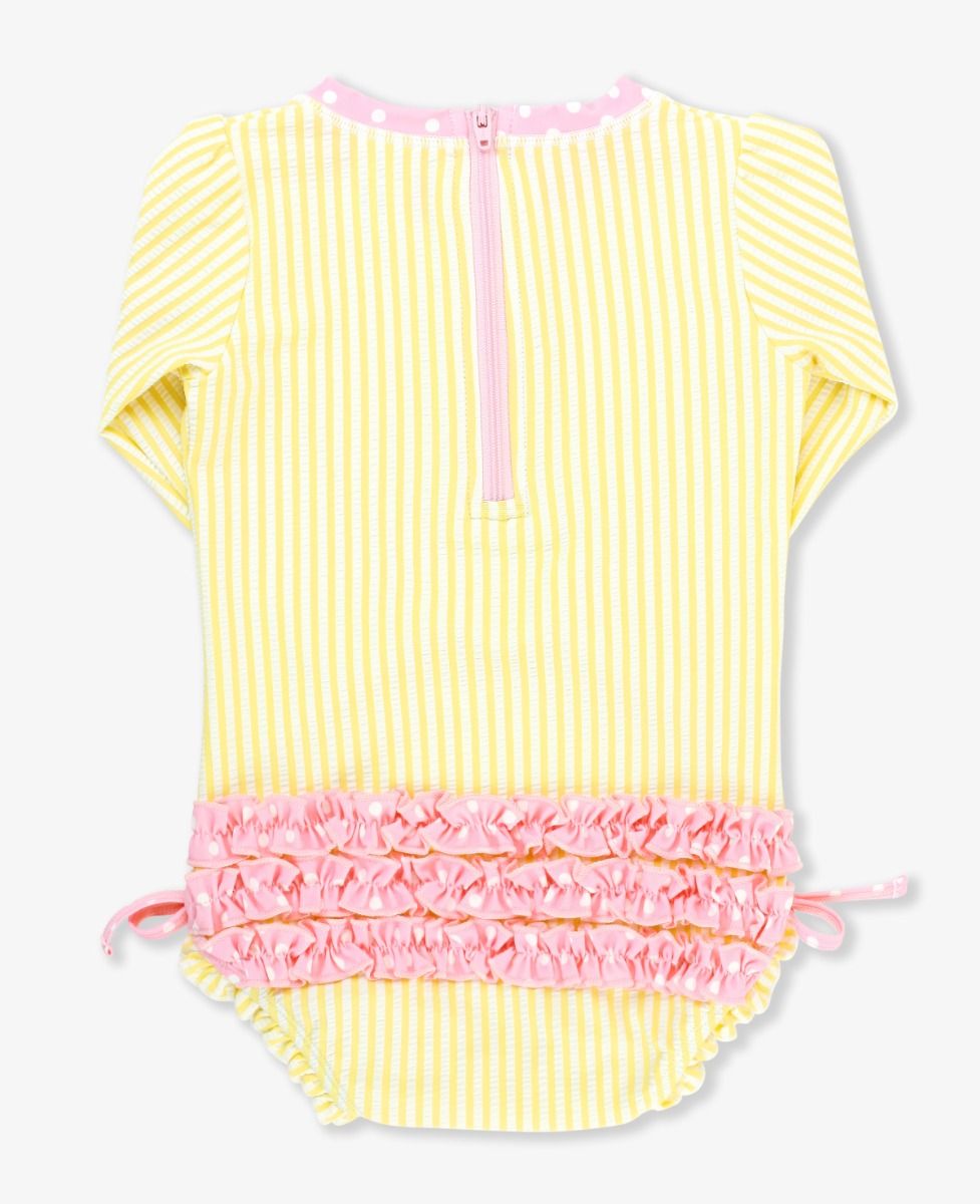 RuffleButts Banana Seersucker One Piece Rash Guard