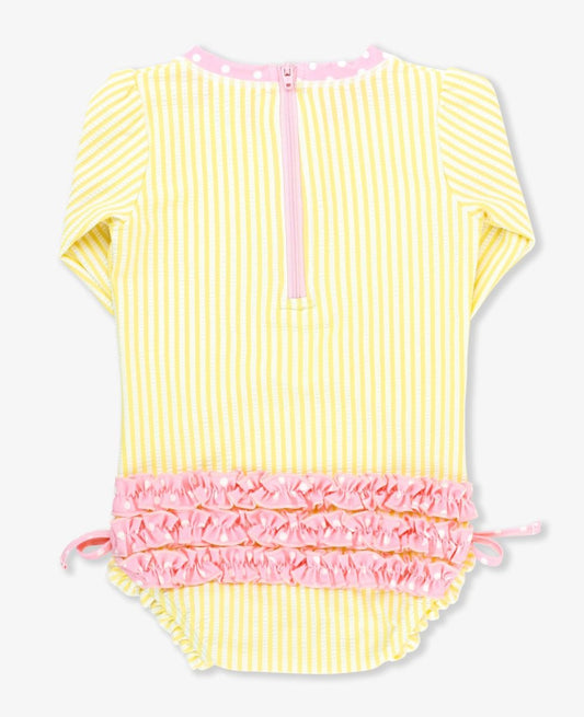 RuffleButts Banana Seersucker One Piece Rash Guard