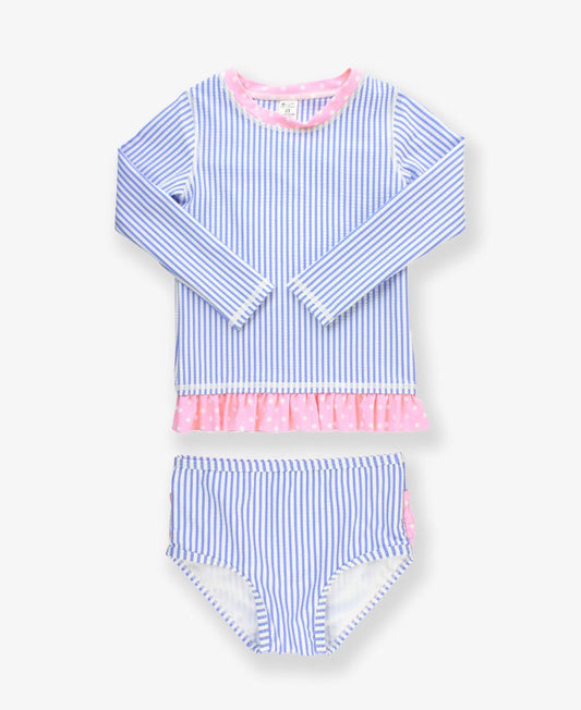 RuffleButts Periwinkle Blue Seersucker 2 Piece Rash Guard Swimsuit