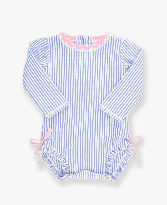 RuffleButts Periwinkle Blue Seersucker One Piece Rash Guard