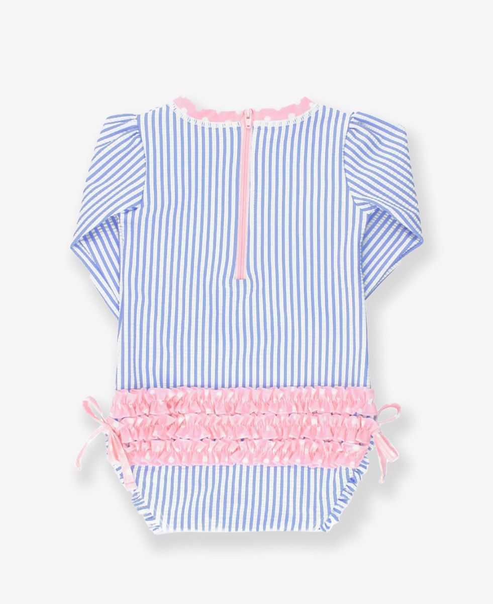 RuffleButts Periwinkle Blue Seersucker One Piece Rash Guard