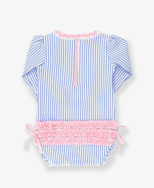 RuffleButts Periwinkle Blue Seersucker One Piece Rash Guard