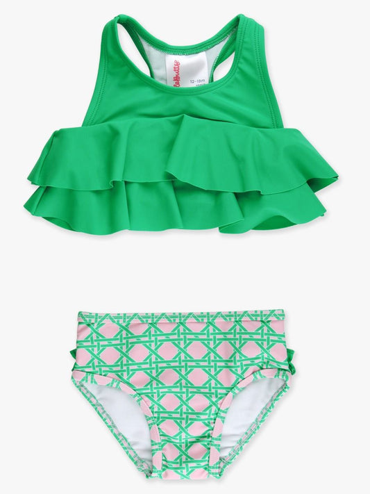 RuffleButts Pink Coastal Cane 2 Piece Swimsuit