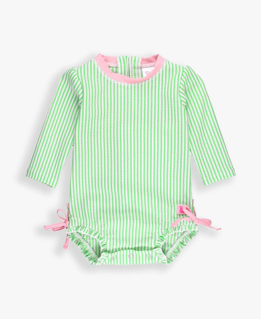RuffleButts Spring Green Seersucker One Piece Rash Guard