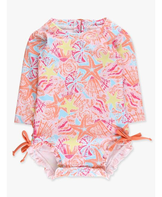 RuffleButts Sunset Seashells One Piece Rashguard