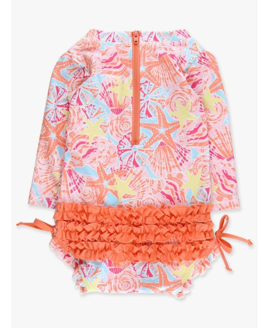 RuffleButts Sunset Seashells One Piece Rashguard