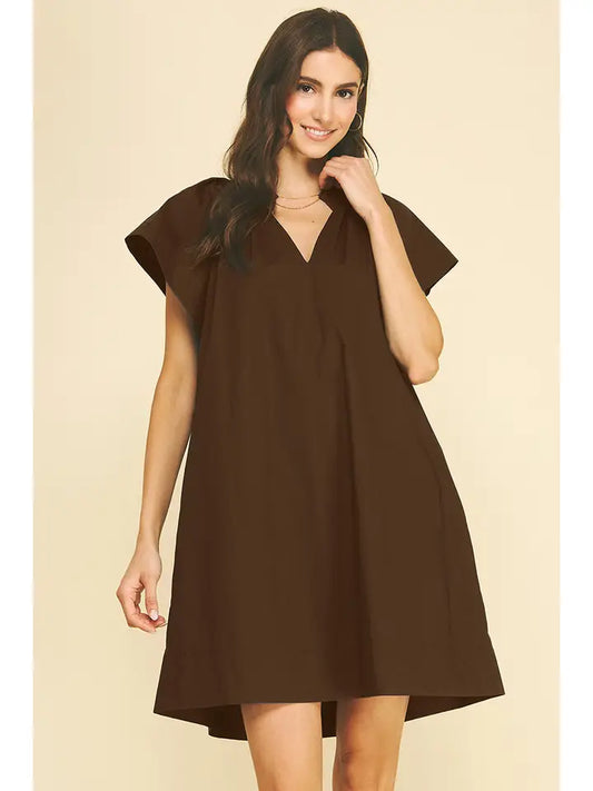 Ruffle Detail Tunic Mini Dress In Coffee Bean