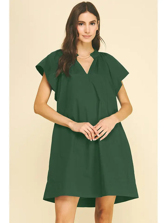 Ruffle Detail Tunic Mini Dress In Hunter Green