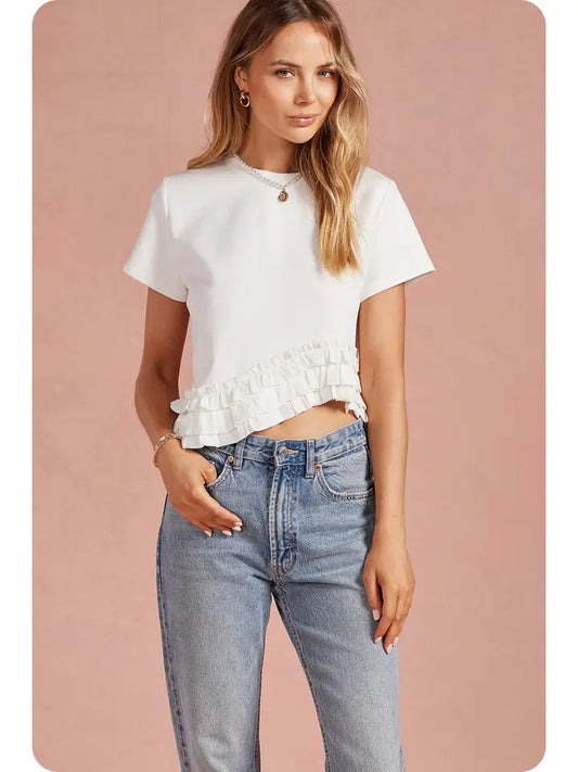 Ruffle Frill Knit Tee Top In Off White