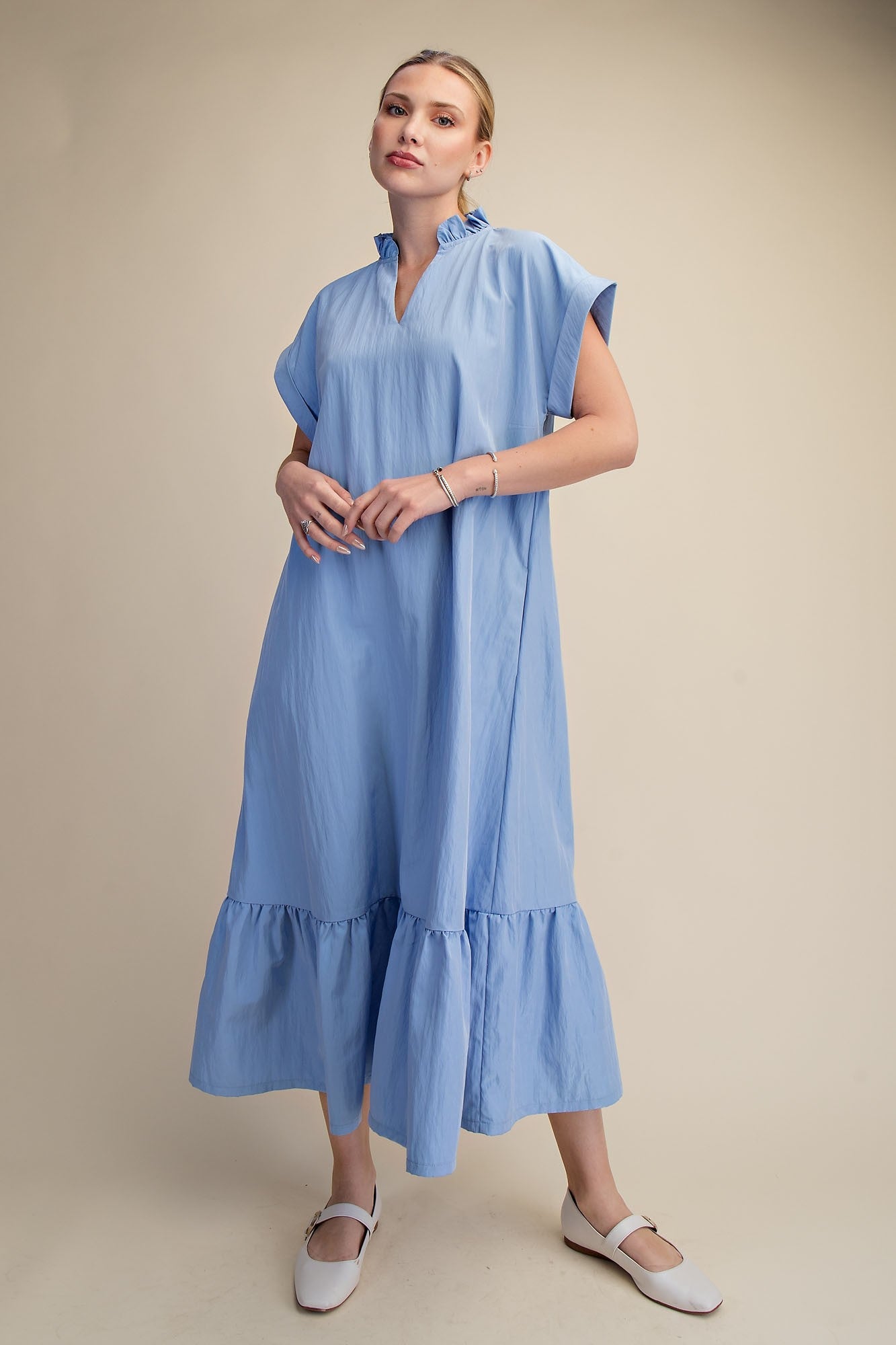 Ruffle Neck Cuffs Sleeve Relaxed Midi Dress