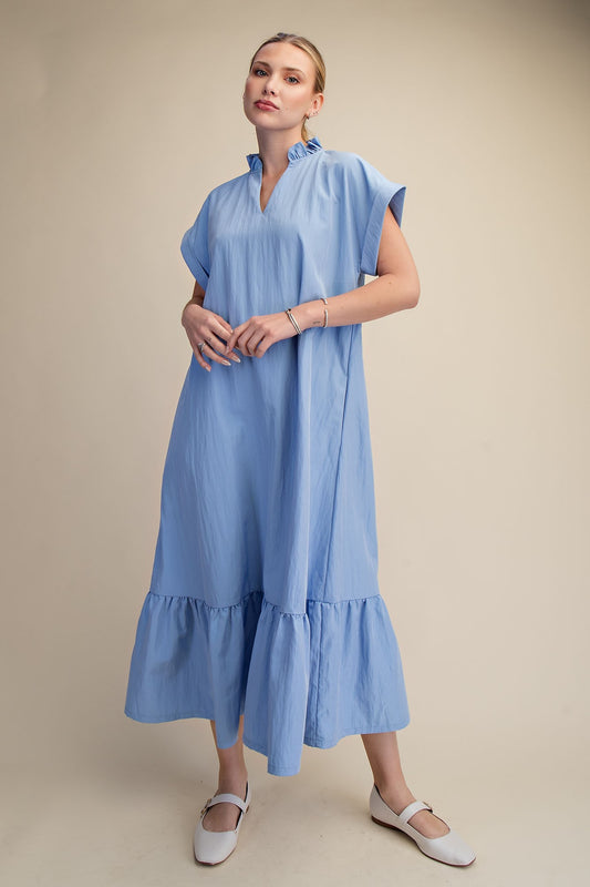 Ruffle Neck Cuffs Sleeve Relaxed Midi Dress