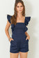 Ruffle Stretch Demin Romper in Navy