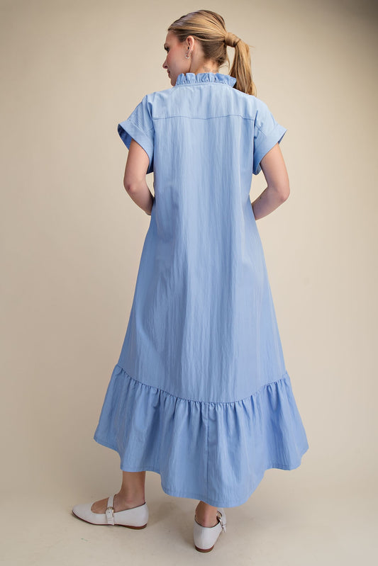 Ruffle Neck Cuffs Sleeve Relaxed Midi Dress