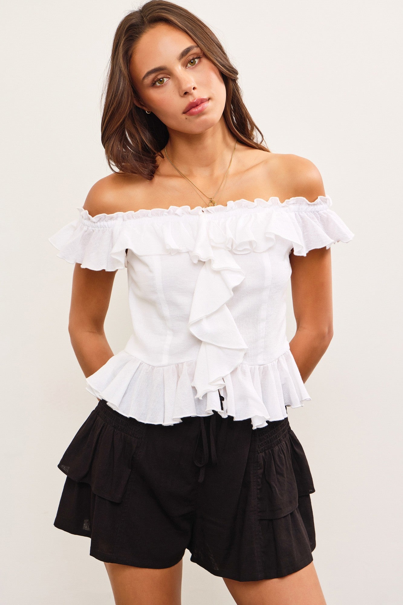 Ruffled Off Shoulder Top In White