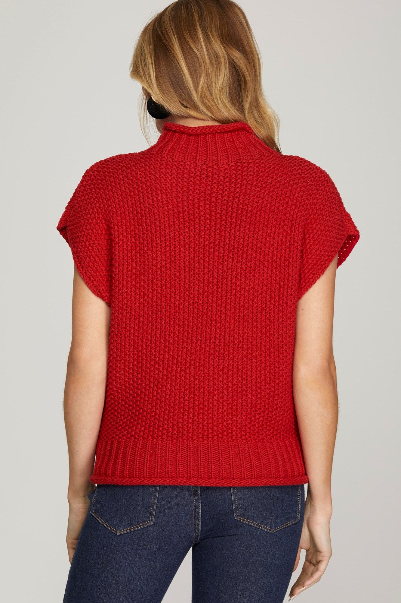 Drop Sleeve Mock Neck Knit Sweater in Red