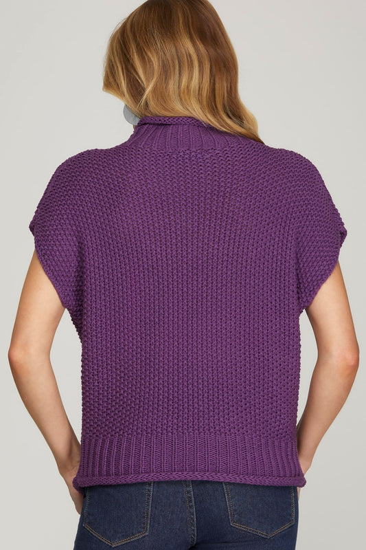 Drop Sleeve Mock Neck Knit Sweater in Purple