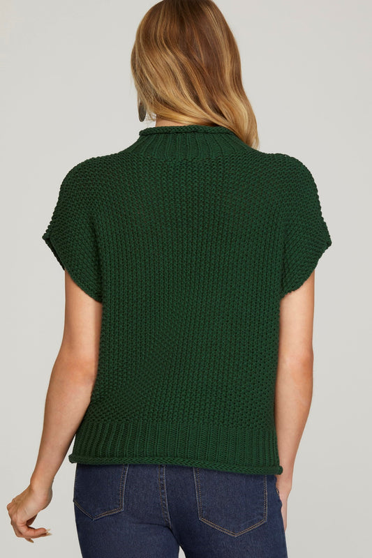 Drop Sleeve Mock Neck Knit Sweater in Green