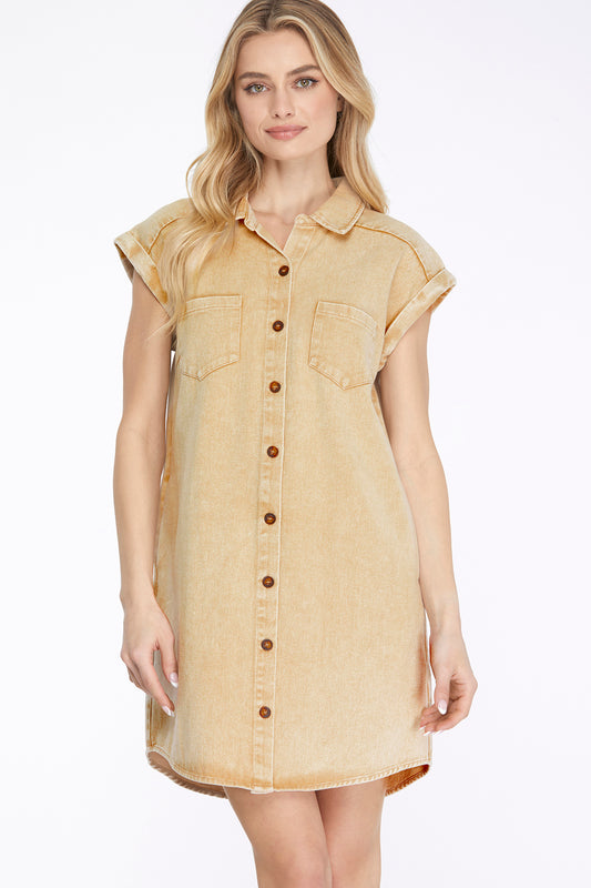 Button Down Washed Shirt Dress In Taupe