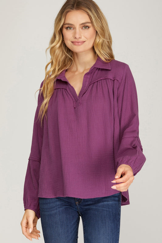 Long Sleeve Gauze Top in Purple