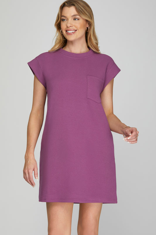 Jacquard Crew Neck Dress in Purple