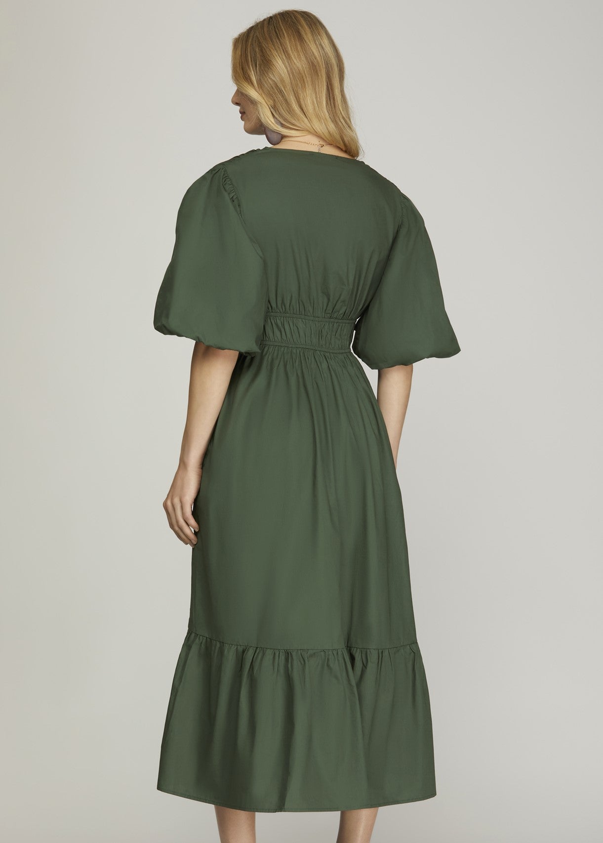 V Neck Puff Sleeve Midi Dress in Deep Green